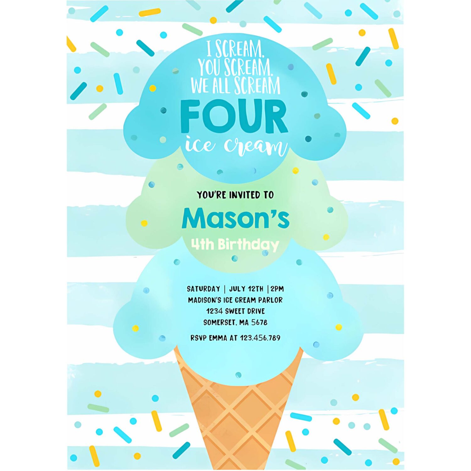 Editable ice cream birthday boy invitation i scream you scream we all scream four ice cream 4th birthday party invite 4