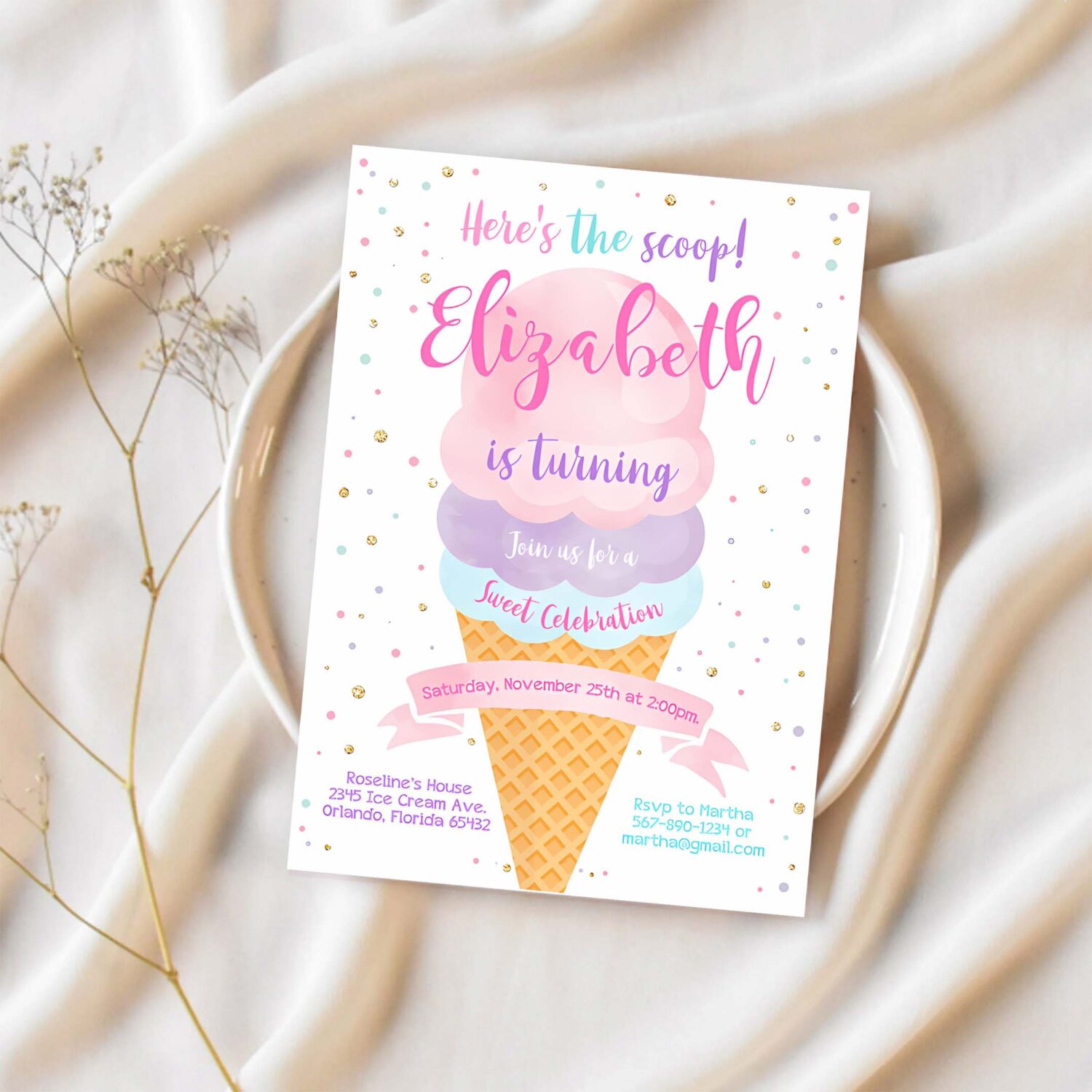 Editable ice cream birthday invitation first birthday party heres the scoop cone pink mint gold purple printable template 1