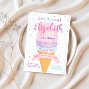 Editable ice cream birthday invitation first birthday party heres the scoop cone pink mint gold purple printable template 1