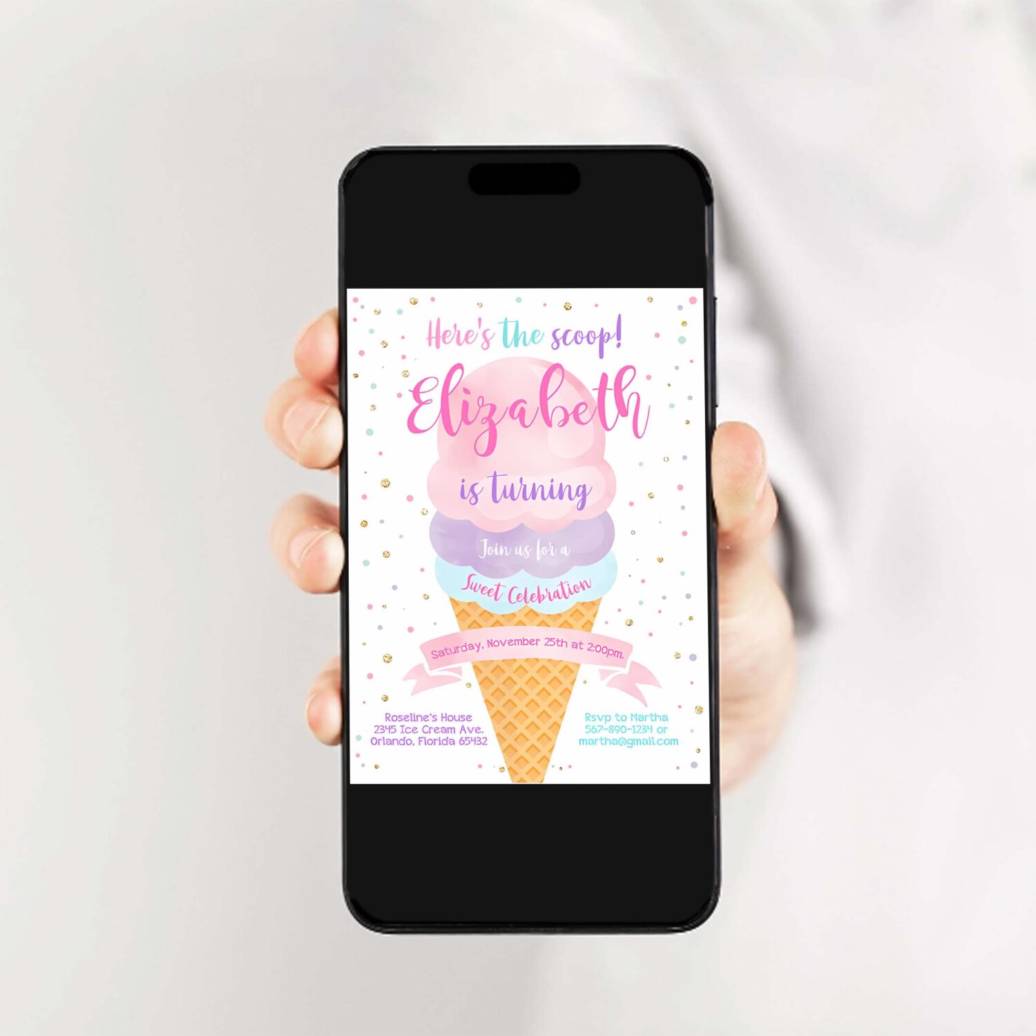 Editable ice cream birthday invitation first birthday party heres the scoop cone pink mint gold purple printable template 2