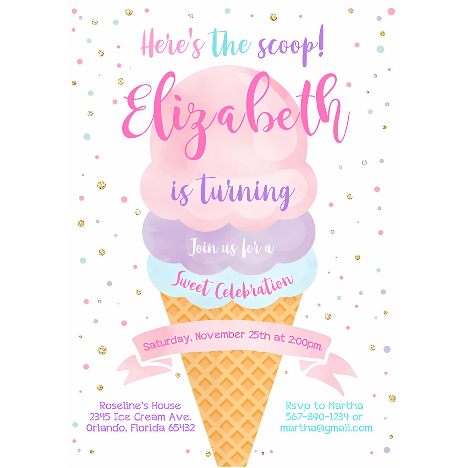 Editable ice cream birthday invitation first birthday party heres the scoop cone pink mint gold purple printable template 4