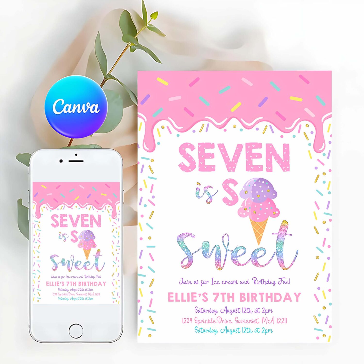 Editable ice cream invitation seven is so sweet birthday invitation ice cream 7th birthday party sweet ice cream party