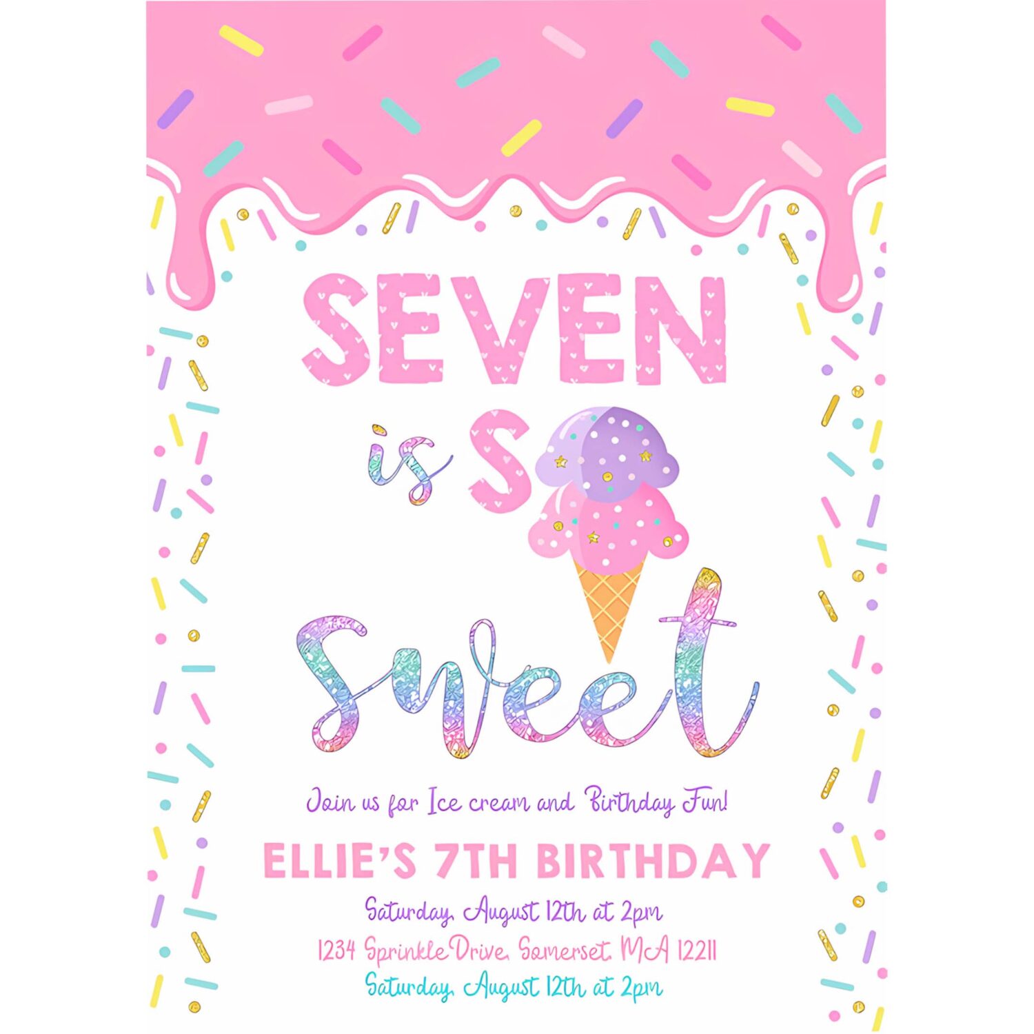 Editable ice cream invitation seven is so sweet birthday invitation ice cream 7th birthday party sweet ice cream party 4