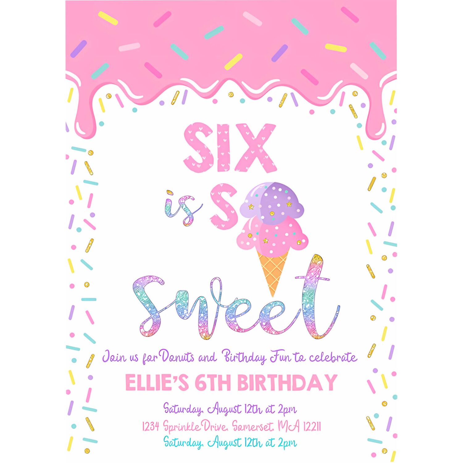 Editable ice cream invitation six is so sweet birthday invitation ice cream 6th birthday party sweet ice cream party 4