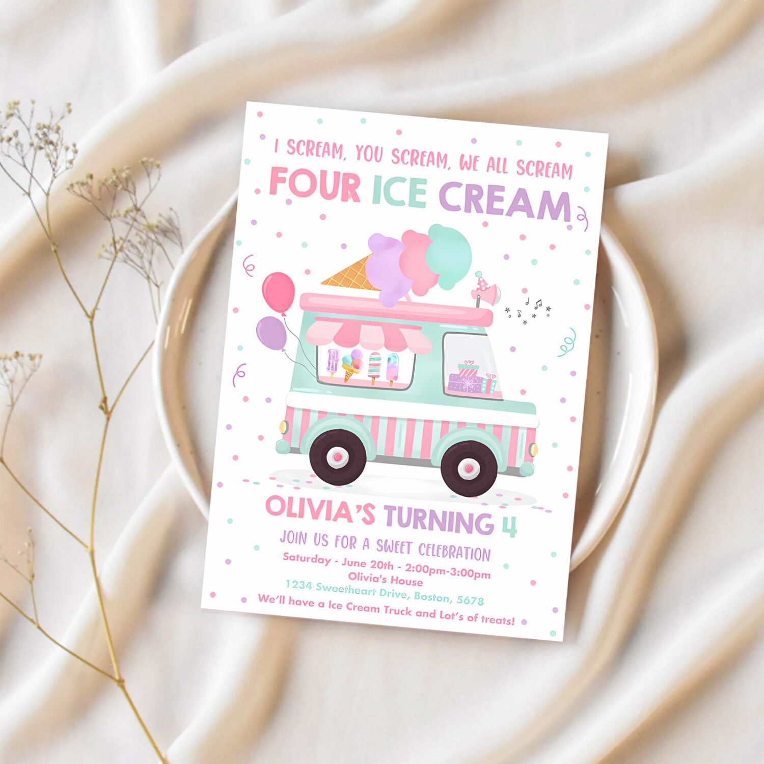 Editable ice cream truck birthday invitation i scream you scream we all scream four ice cream 4th birthday party 1