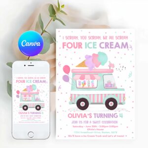 Ice Cream Invitation, I scream You Scream We All Scream Four Ice Cream 4th Birthday Party Invitation