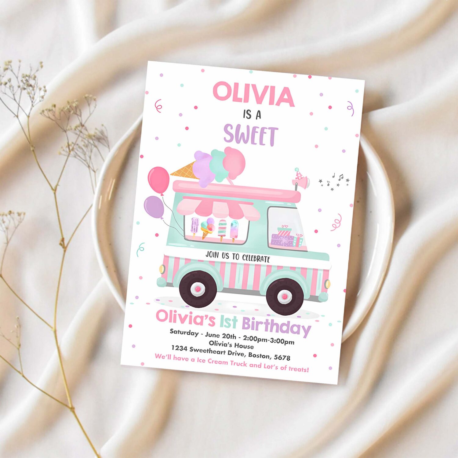 Editable ice cream truck birthday invitation ice cream sweet one 1st party invitation sweet one ice cream birthday party 1
