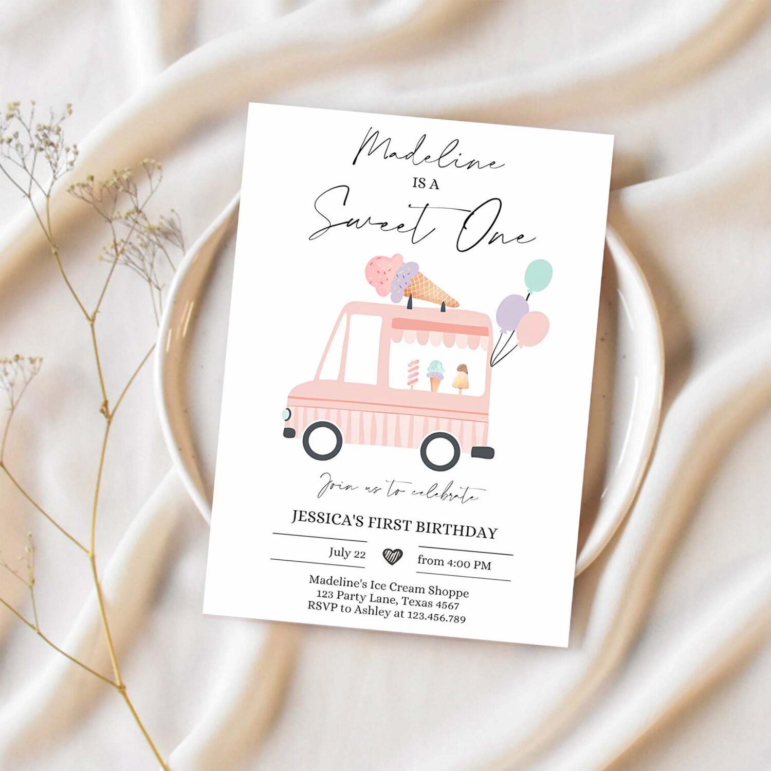 Editable ice cream truck birthday invitation ice cream sweet one modern 1st birthday party first 1