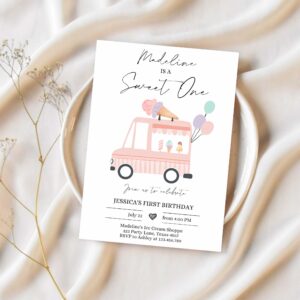 Editable ice cream truck birthday invitation ice cream sweet one modern 1st birthday party first 1