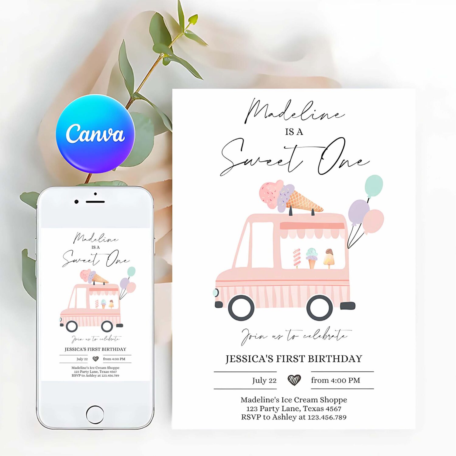 Editable ice cream truck birthday invitation ice cream sweet one modern 1st birthday party first