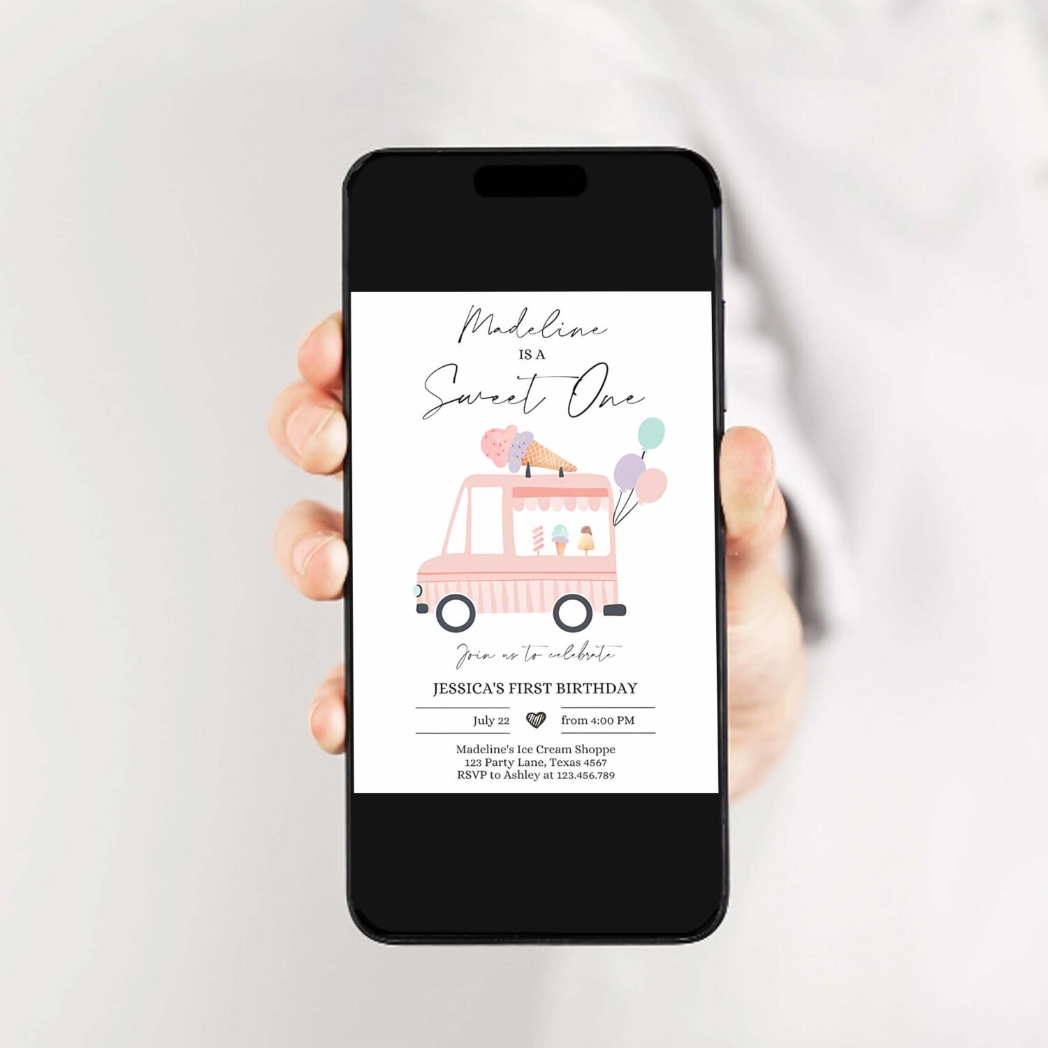 Editable ice cream truck birthday invitation ice cream sweet one modern 1st birthday party first 2