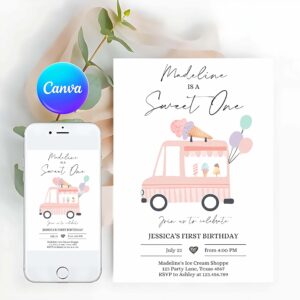 Sweet One Invitation, Ice Cream Sweet One Modern 1st Birthday Party First Invitation