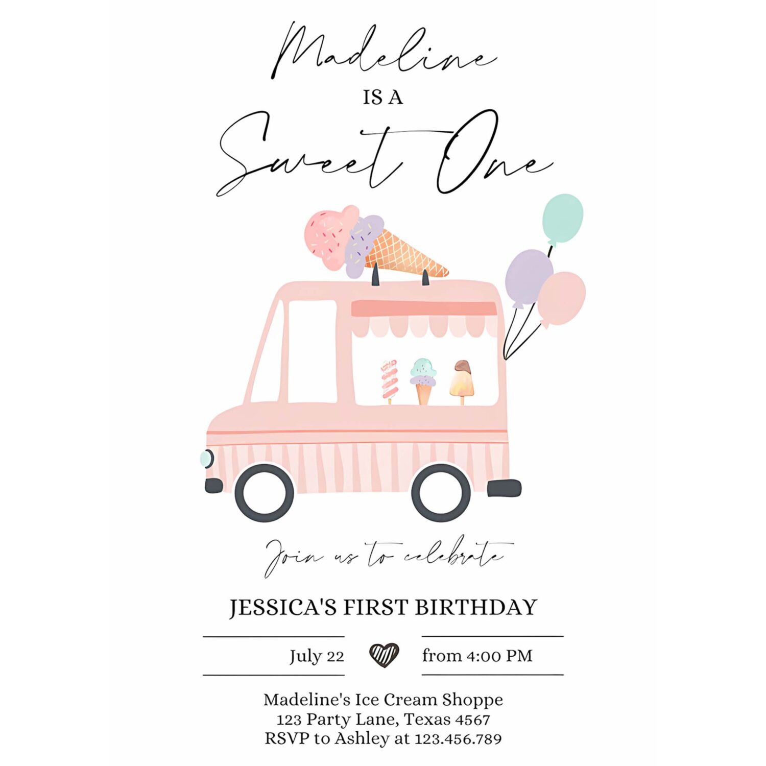 Editable ice cream truck birthday invitation ice cream sweet one modern 1st birthday party first 4
