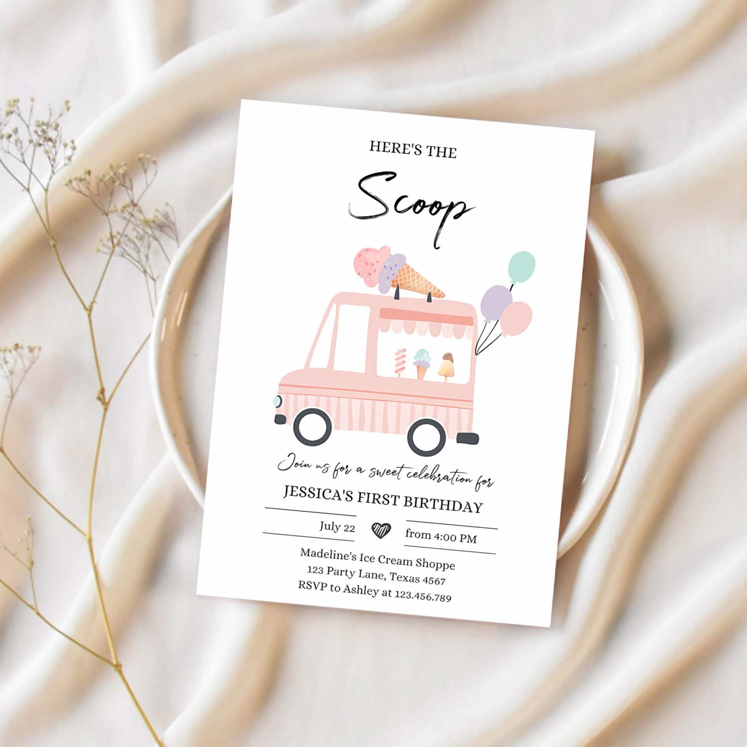 Editable ice cream truck birthday invitation ice cream truck invite modern ice cream shoppe van the scoop invitation 1