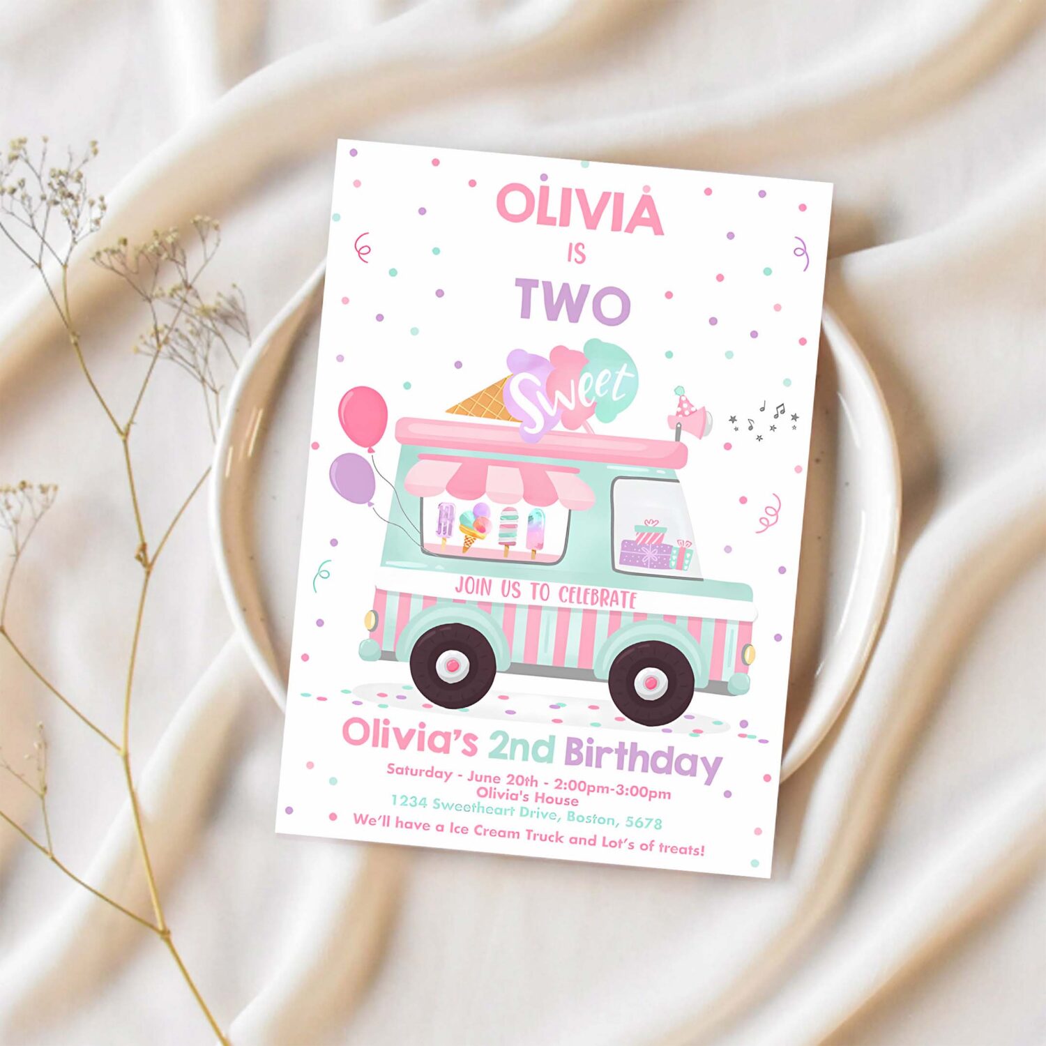 Editable ice cream truck birthday invitation ice cream two sweet 2nd birthday party invitation two sweet ice cream party 1