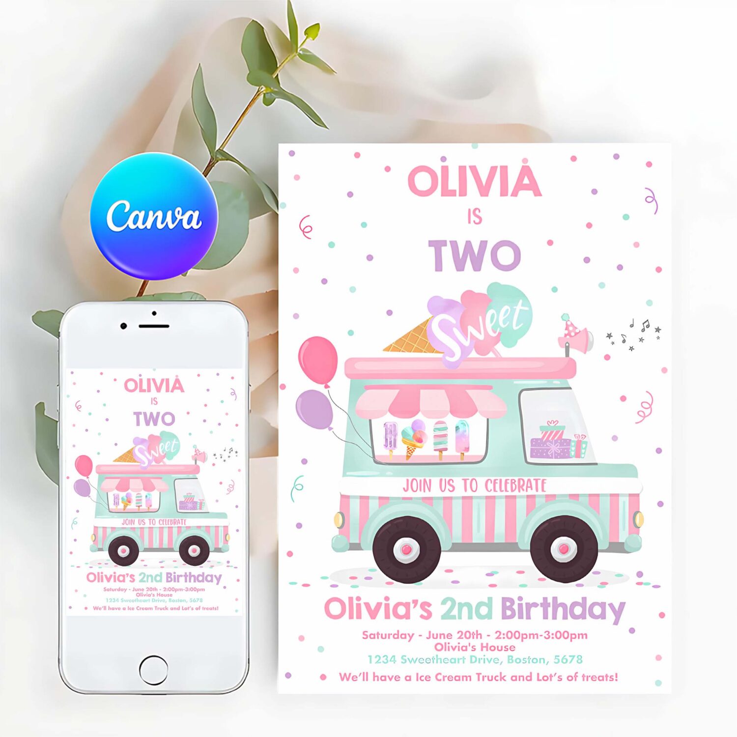 Editable ice cream truck birthday invitation ice cream two sweet 2nd birthday party invitation two sweet ice cream party
