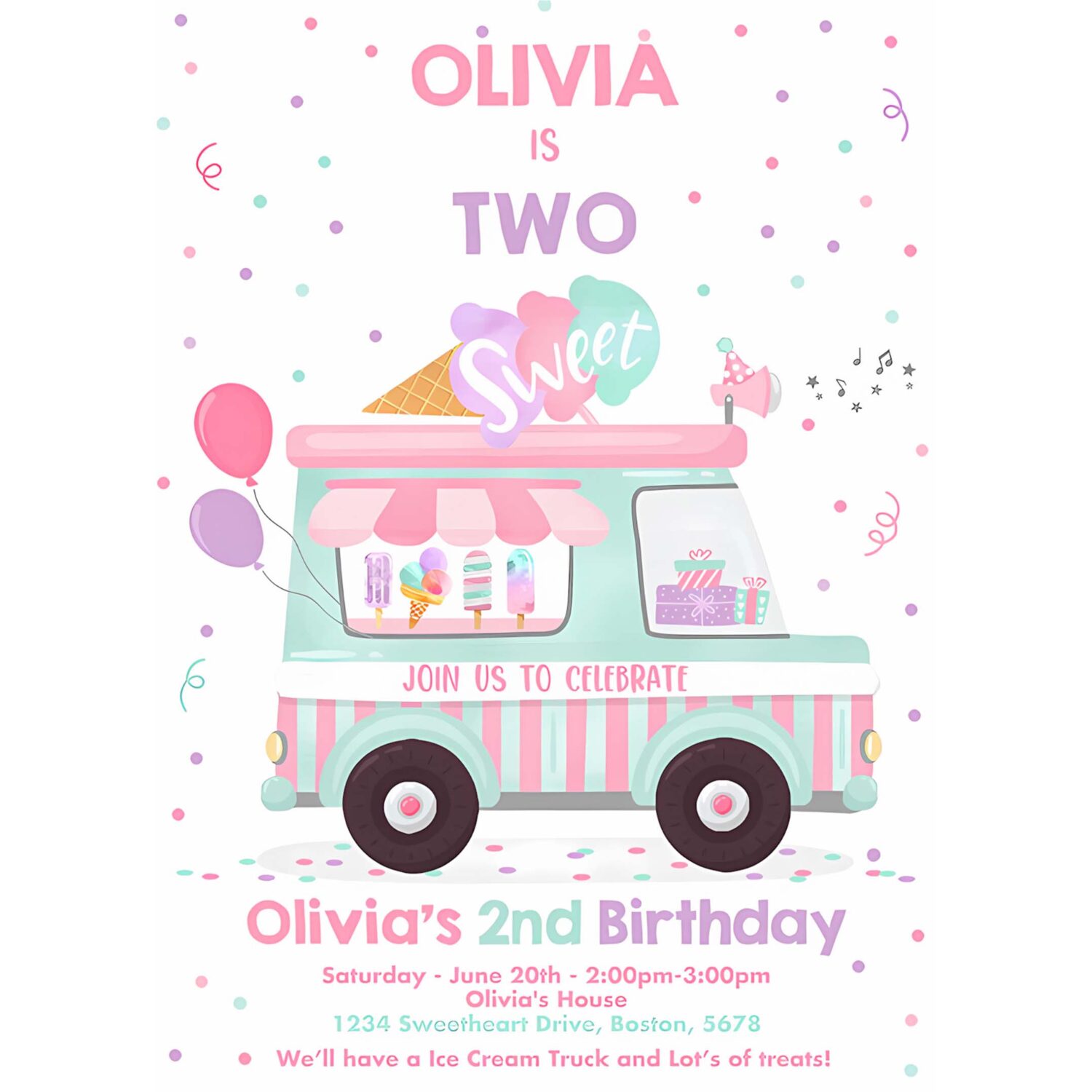Editable ice cream truck birthday invitation ice cream two sweet 2nd birthday party invitation two sweet ice cream party 4