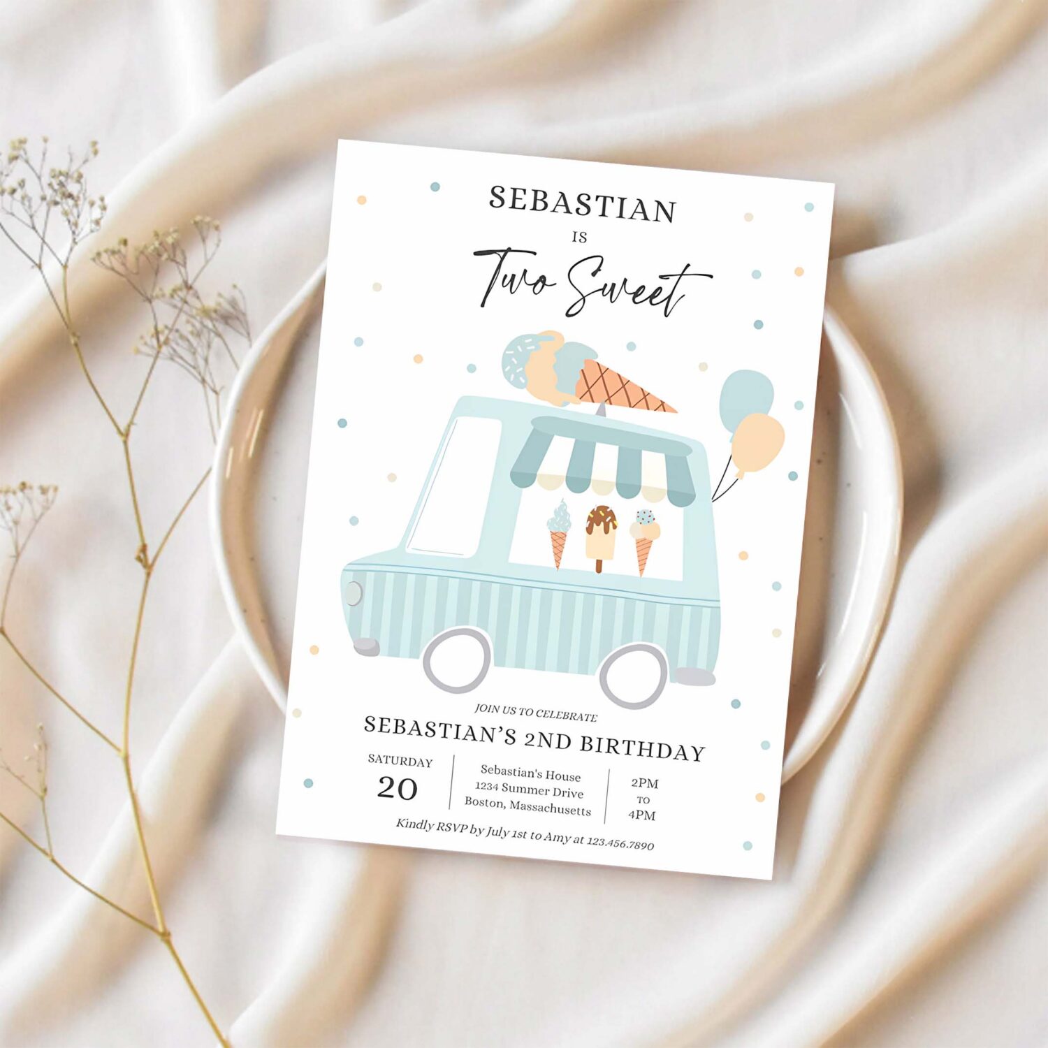 Editable ice cream truck birthday party invitation boy ice cream two sweet 2nd birthday party two sweet ice cream party 1