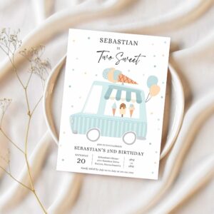 Editable ice cream truck birthday party invitation boy ice cream two sweet 2nd birthday party two sweet ice cream party 1