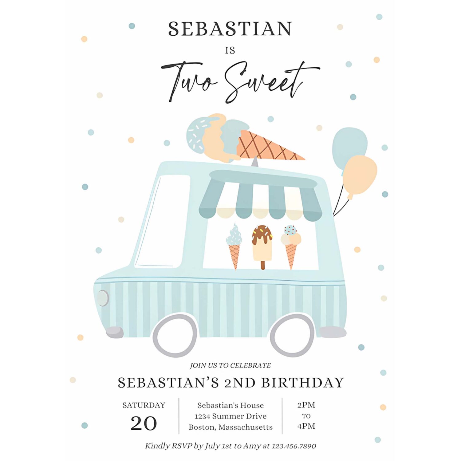 Editable ice cream truck birthday party invitation boy ice cream two sweet 2nd birthday party two sweet ice cream party 4