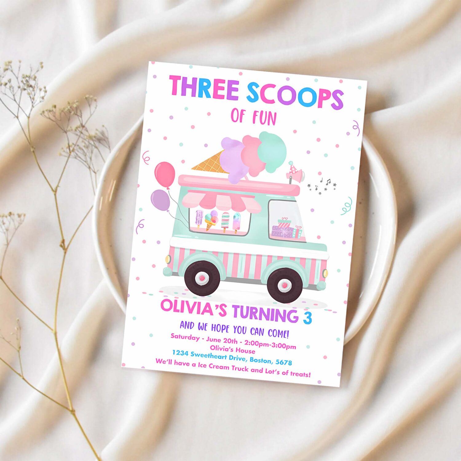 Editable ice cream truck three scoops of fun 3rd birthday party invitation ice cream 3rd birthday three scoops of fun 1