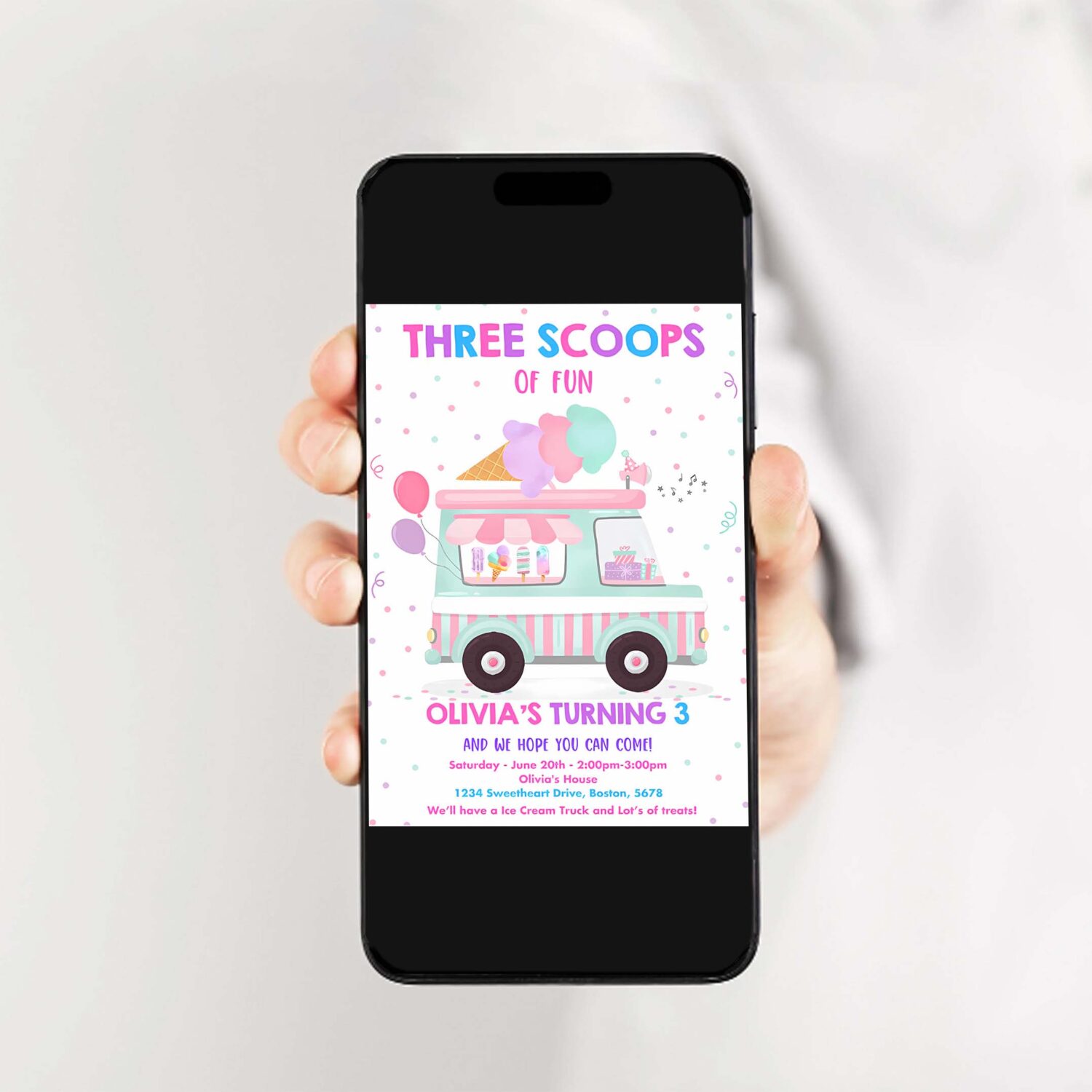 Editable ice cream truck three scoops of fun 3rd birthday party invitation ice cream 3rd birthday three scoops of fun 2