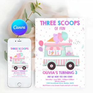 Ice Cream Invitation, Ice Cream Truck Three Scoops Of Fun 3rd Birthday Party Invitation