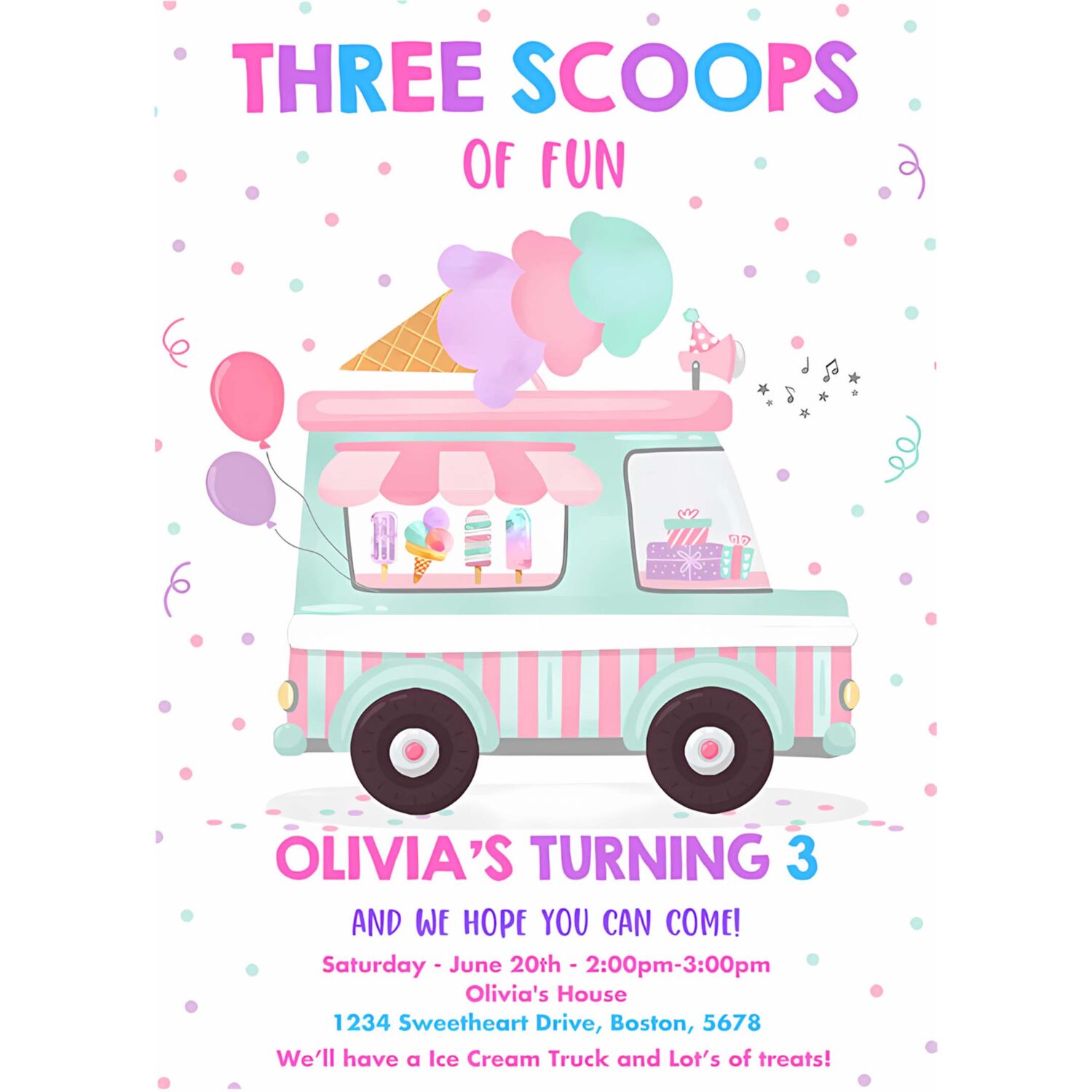 Editable ice cream truck three scoops of fun 3rd birthday party invitation ice cream 3rd birthday three scoops of fun 4