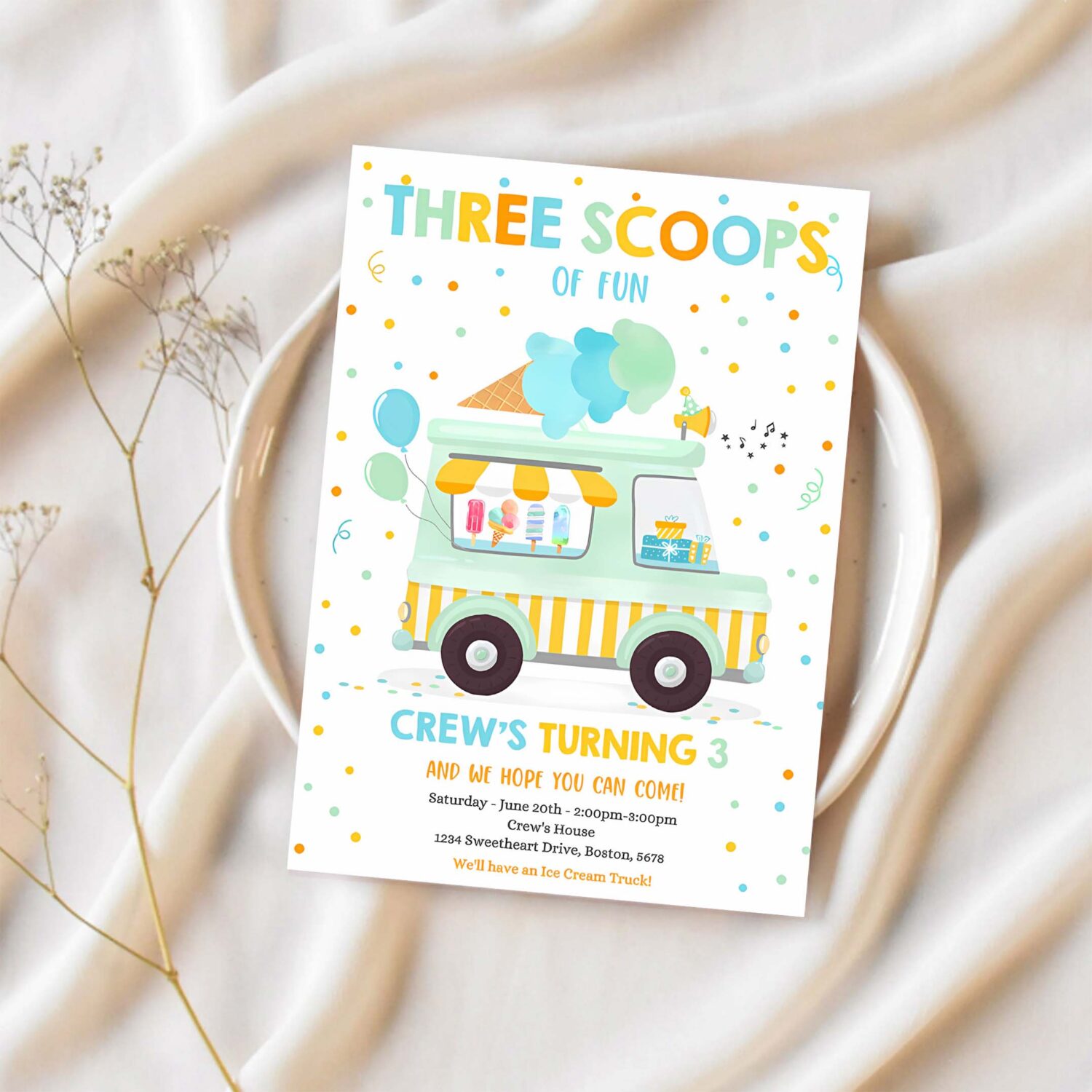 Editable ice cream truck three scoops of fun 3rd party invitation ice cream 3rd birthday three scoops of fun 1