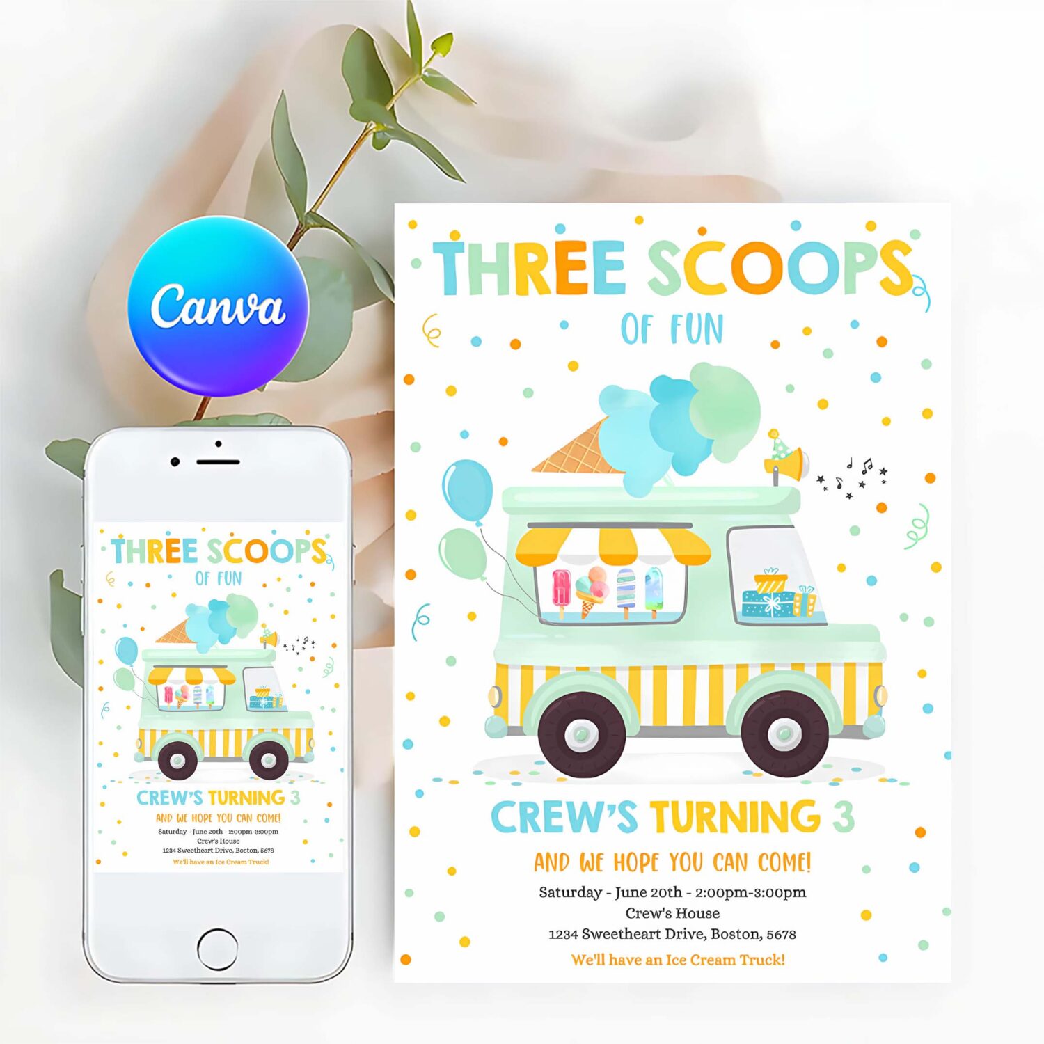 Editable ice cream truck three scoops of fun 3rd party invitation ice cream 3rd birthday three scoops of fun