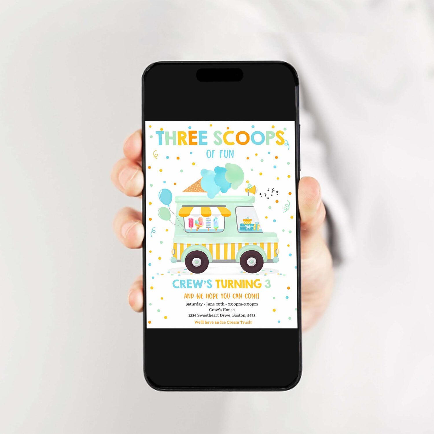 Editable ice cream truck three scoops of fun 3rd party invitation ice cream 3rd birthday three scoops of fun 2