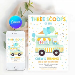 Ice Cream Invitation, Ice Cream Truck Three Scoops Of Fun 3rd Party Invitation