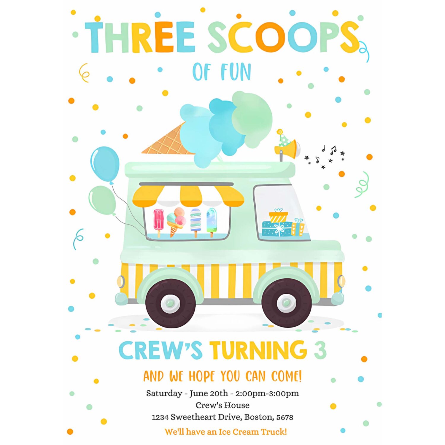 Editable ice cream truck three scoops of fun 3rd party invitation ice cream 3rd birthday three scoops of fun 4