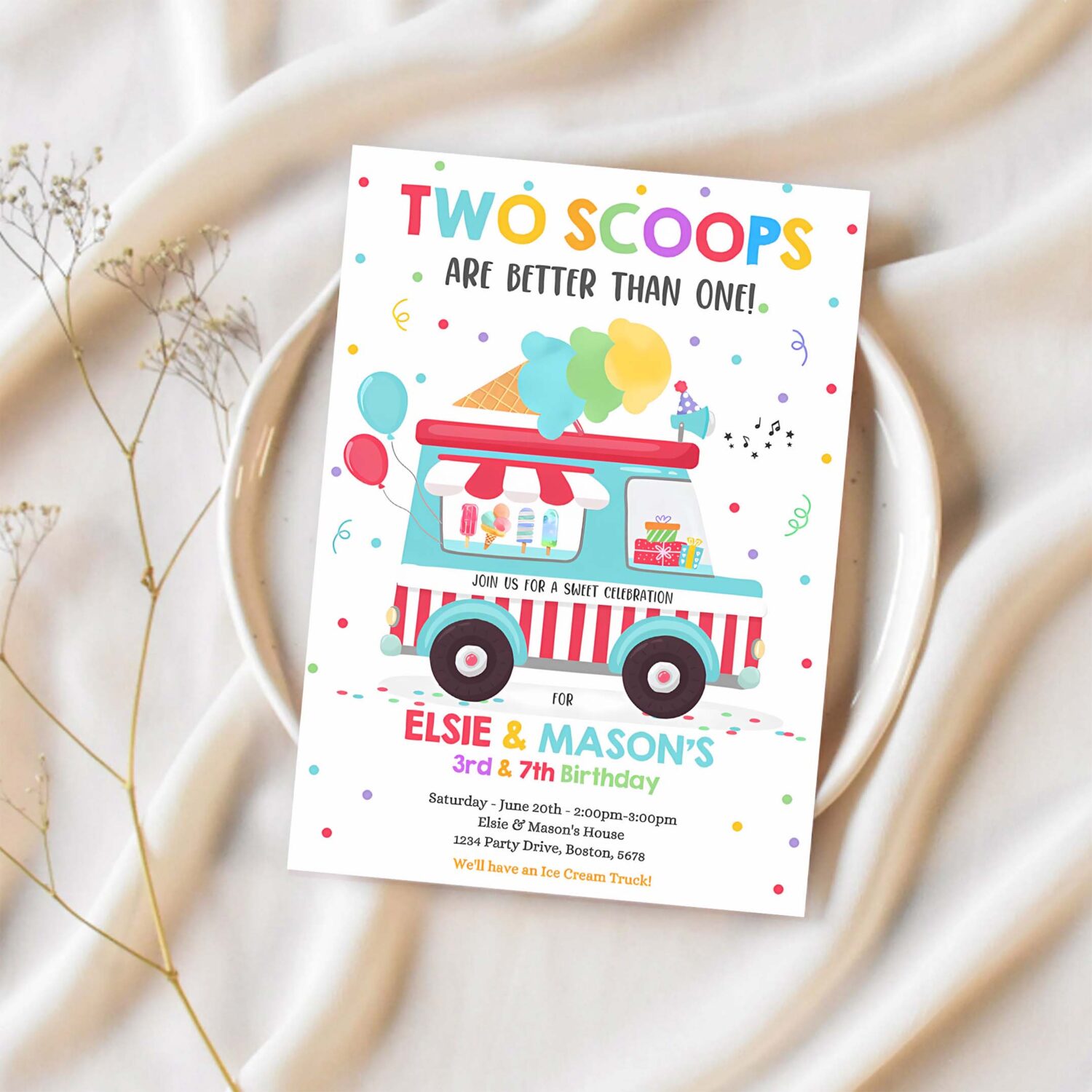 Editable ice cream truck twin birthday invite twin ice cream birthday invitation two scoops are better than one 1