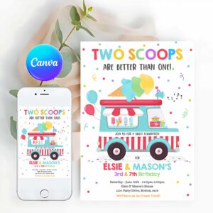 Ice Cream Invitation, Ice Cream Truck Twin Birthday Invitation Twin Ice Cream Birthday Invitation
