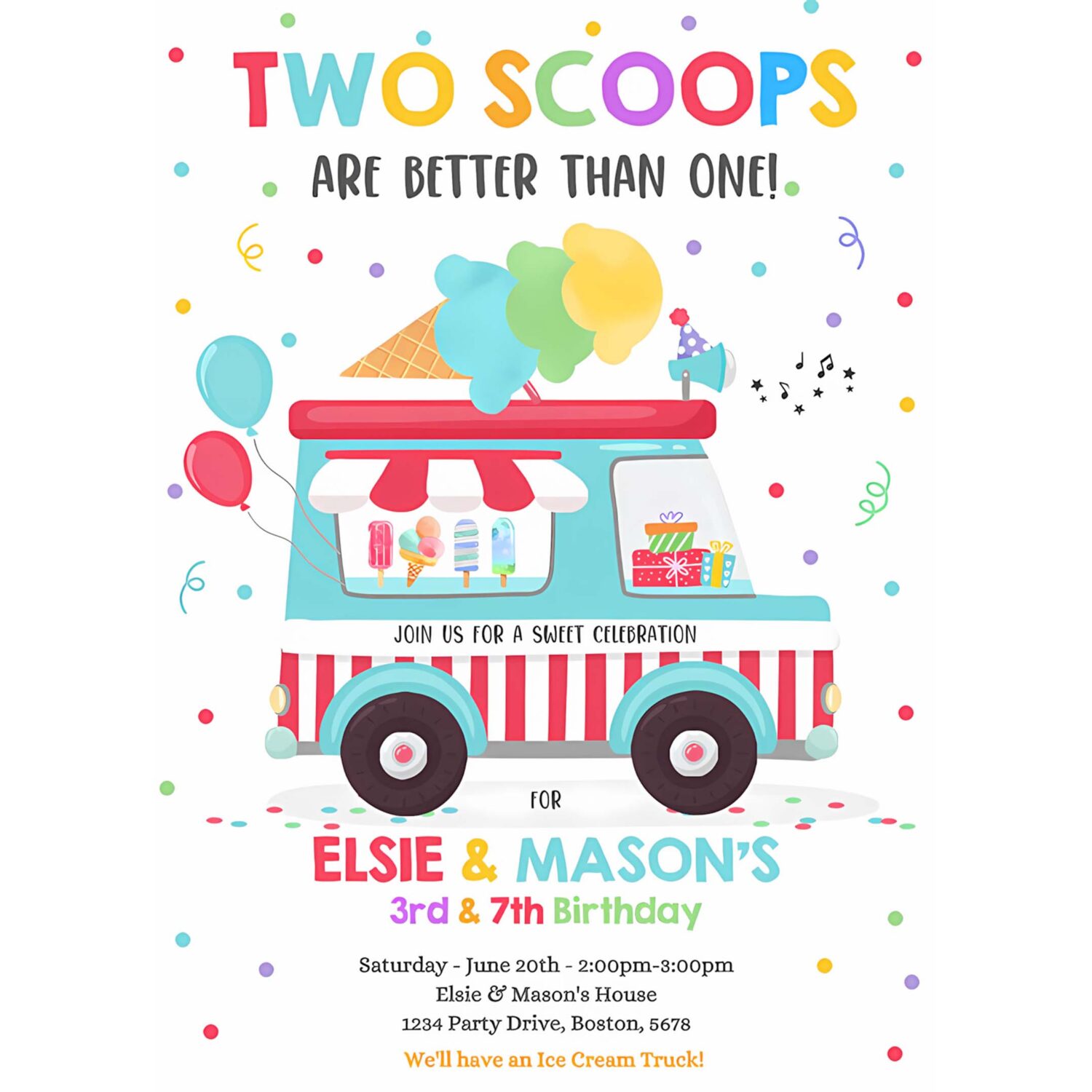 Editable ice cream truck twin birthday invite twin ice cream birthday invitation two scoops are better than one 4