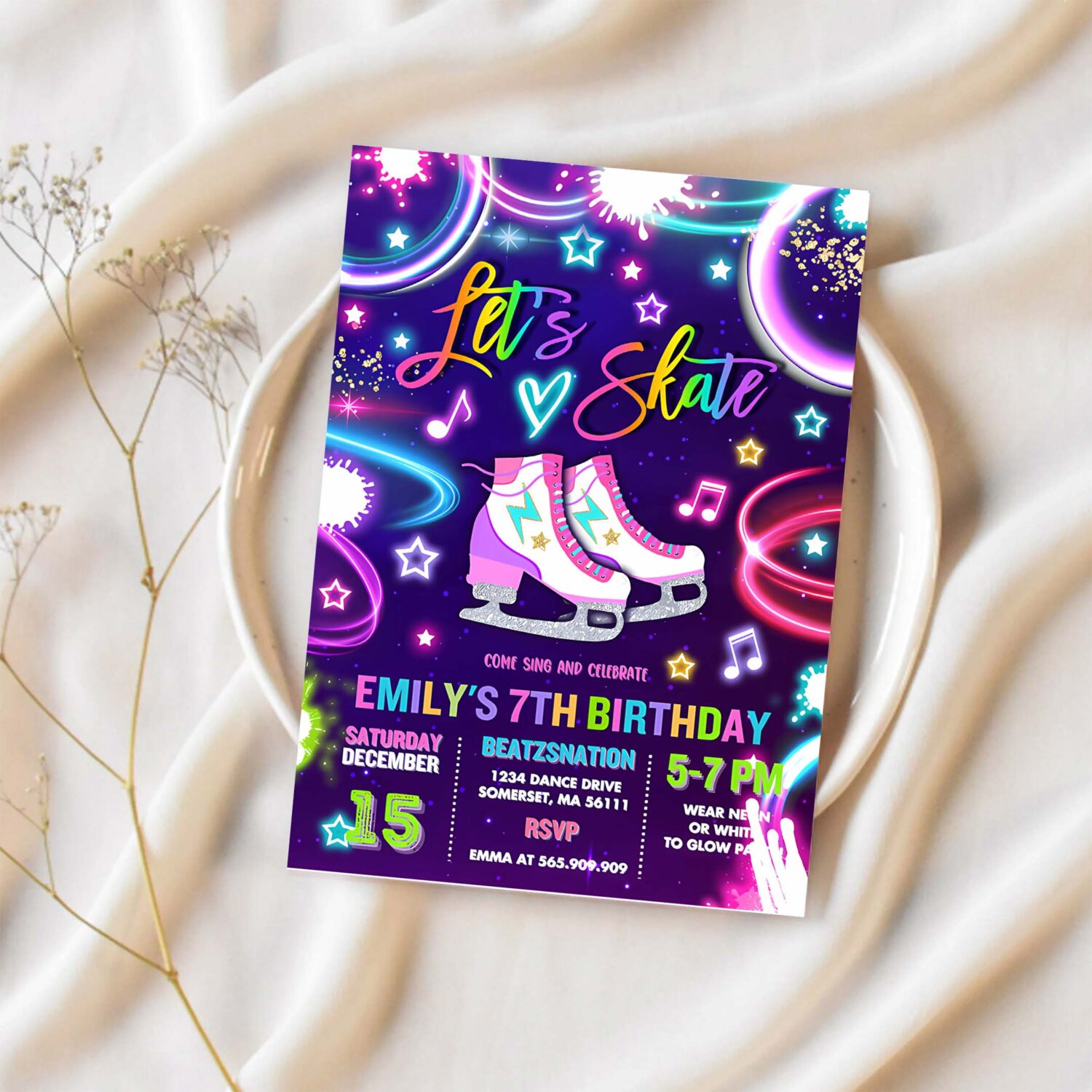 Editable ice skating invitation neon glow ice skating party neon glow in the dark ice rink party ice skating party 1