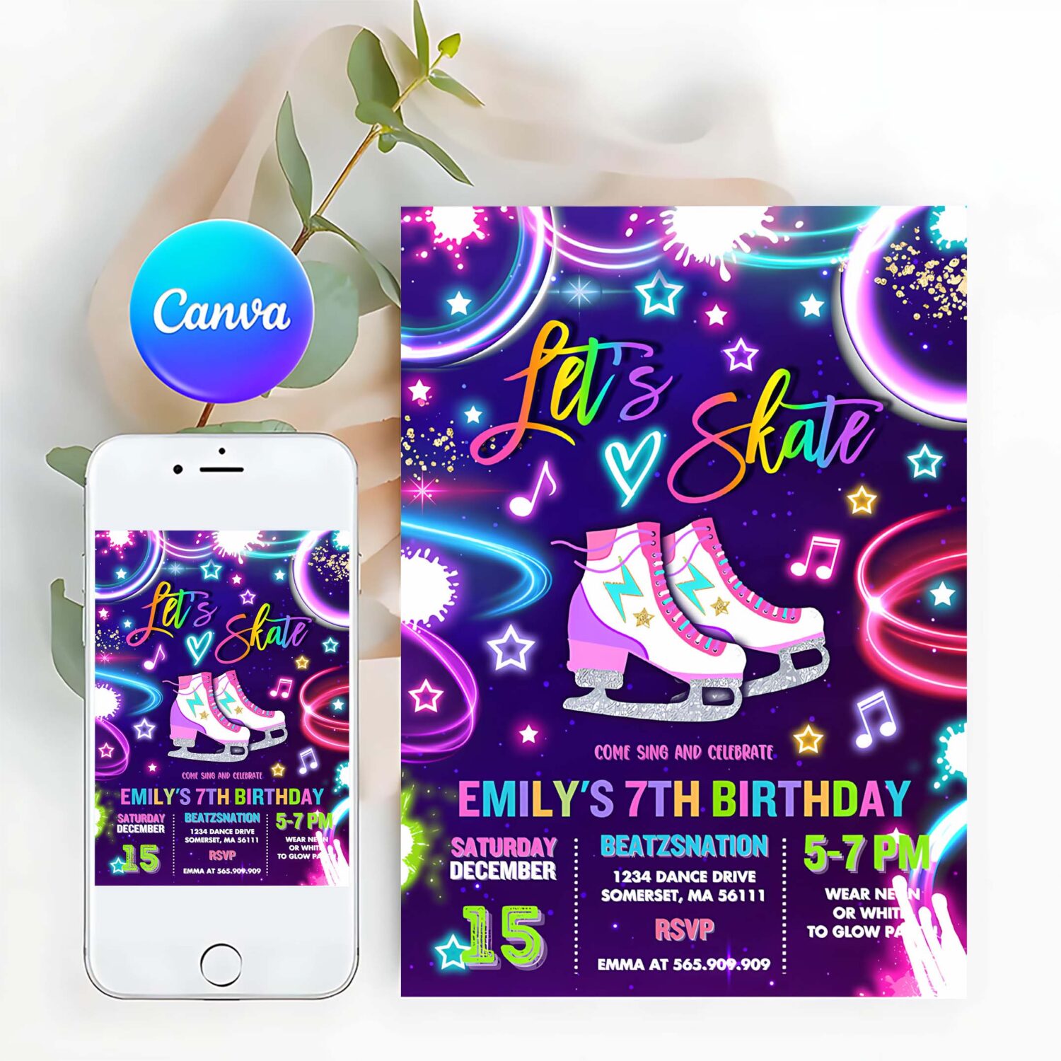 Editable ice skating invitation neon glow ice skating party neon glow in the dark ice rink party ice skating party