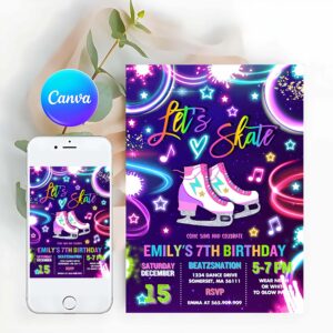 Ice Skating Invitation, Neon Glow Ice Skating Party Neon Glow In The Dark Ice Rink Party Ice Skating Party Invitation