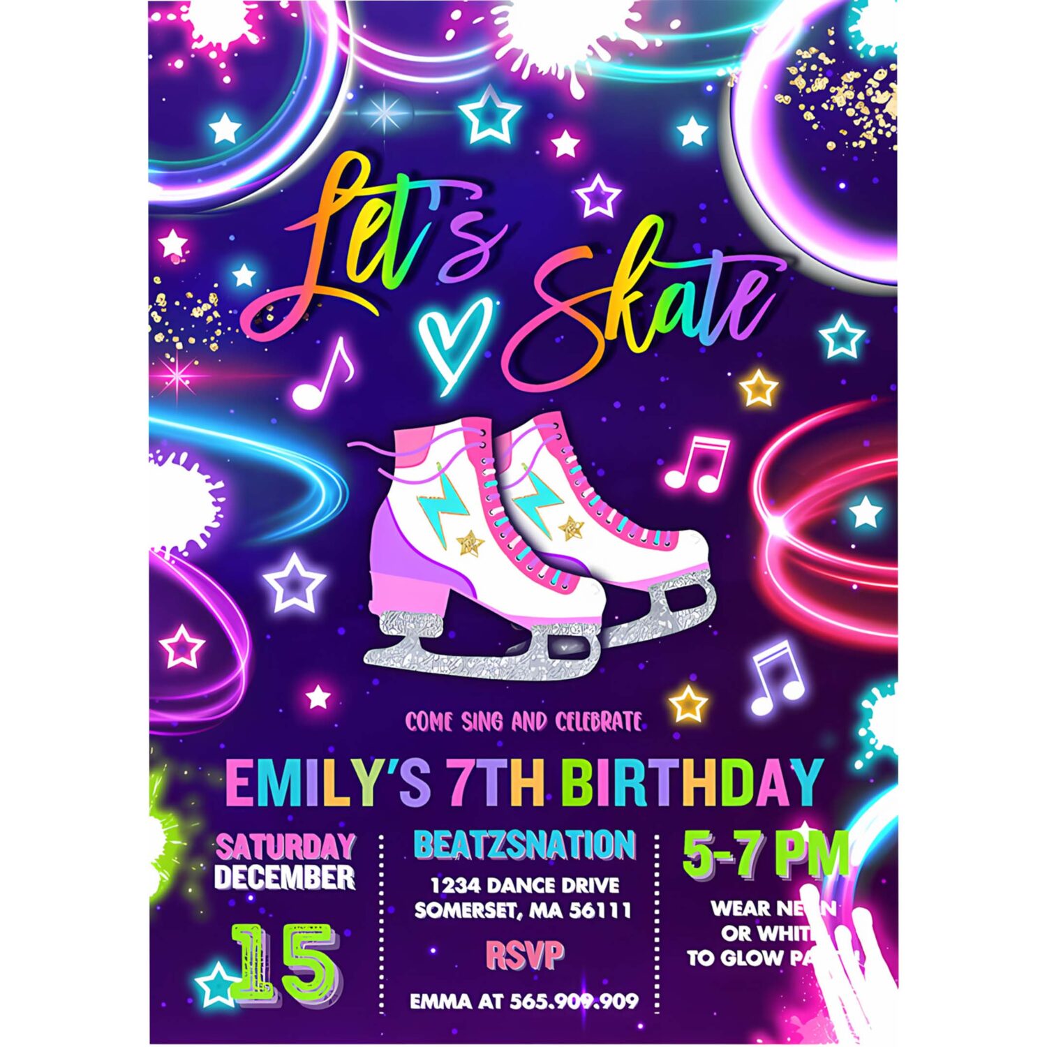 Editable ice skating invitation neon glow ice skating party neon glow in the dark ice rink party ice skating party 4