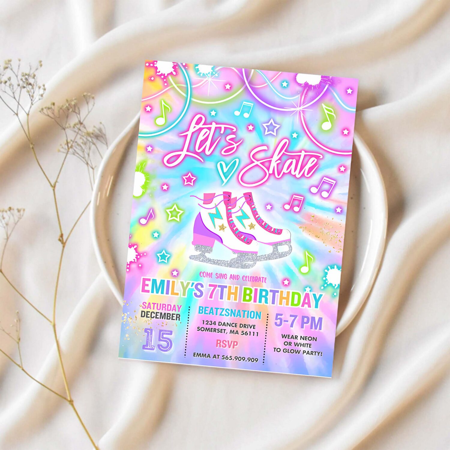 Editable ice skating invitation tie dye ice skating party invite glow tie dye ice skating party neon glow skating party 1