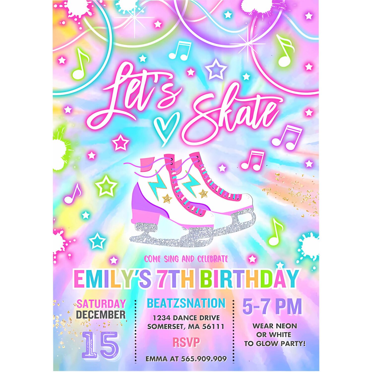 Editable ice skating invitation tie dye ice skating party invite glow tie dye ice skating party neon glow skating party 4