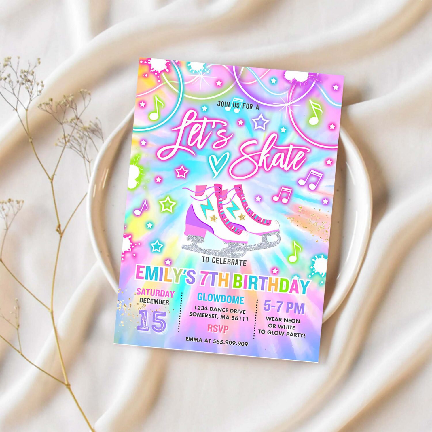 Editable ice skating invitation tie dye ice skating party invite glow tie dye ice skating party neon glow skating party instant download o4 1