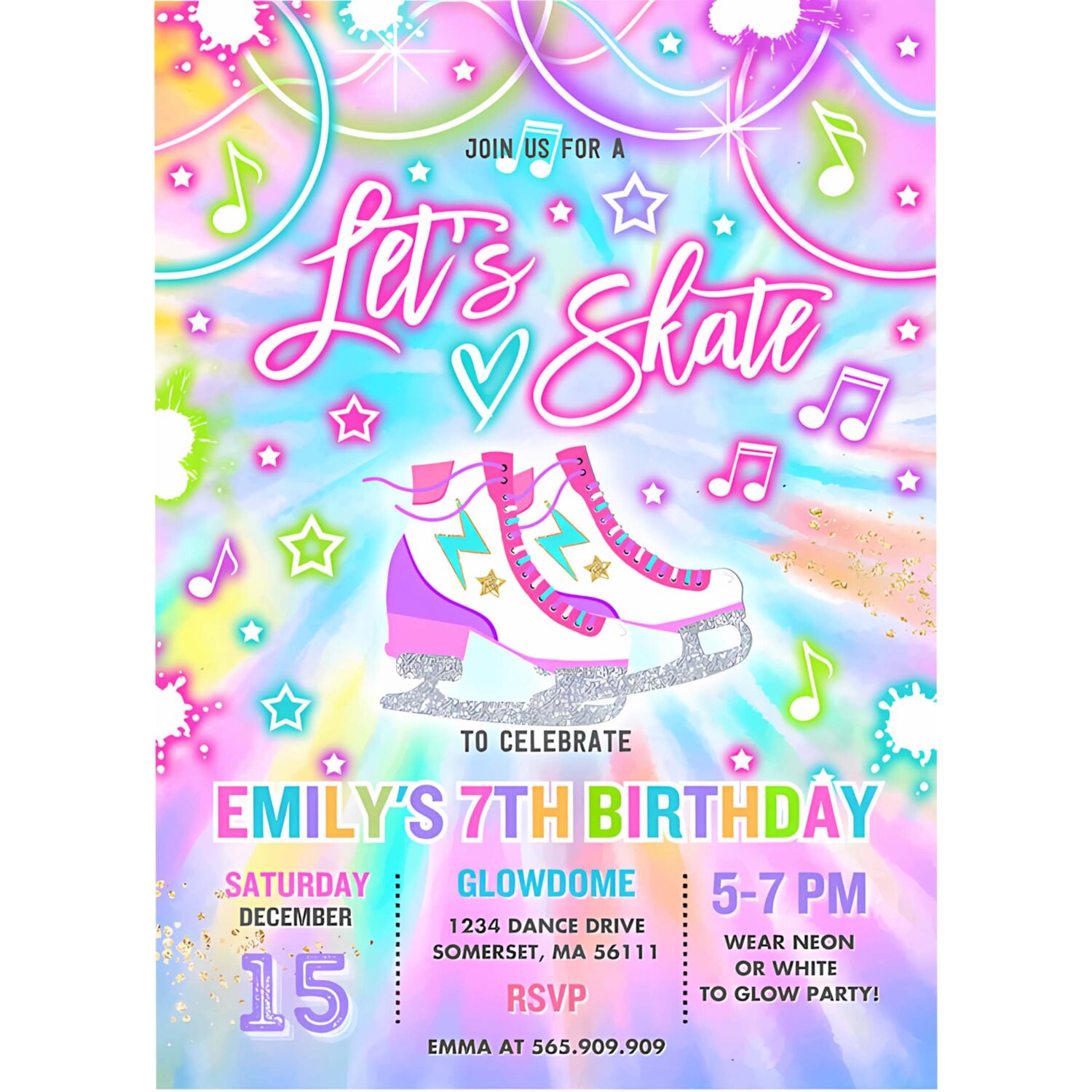 Editable ice skating invitation tie dye ice skating party invite glow tie dye ice skating party neon glow skating party instant download o4 4