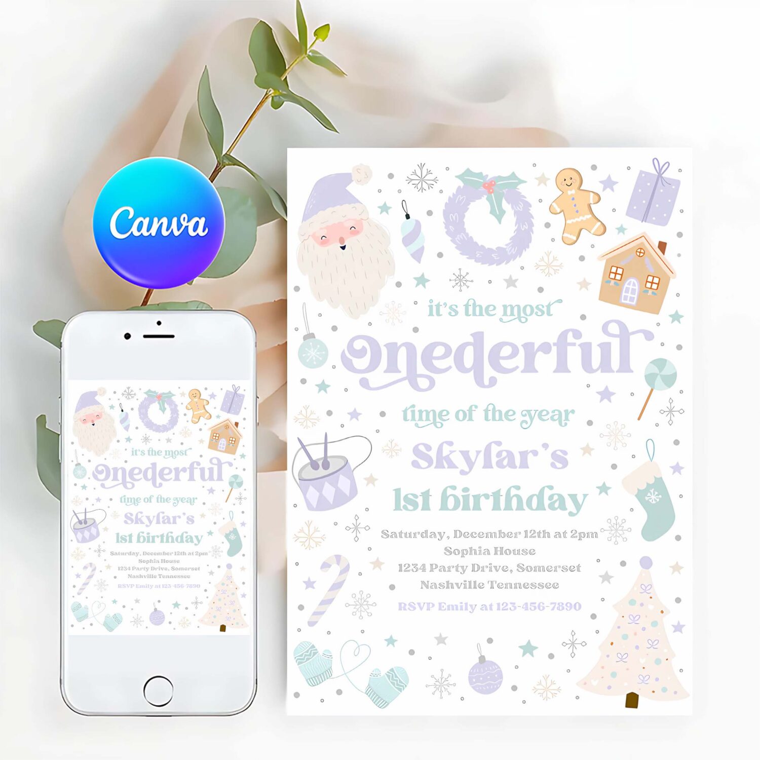 Editable its the most onederful time of the year birthday invitation christmas purple and blue girl 1st birthday party instant download 55y