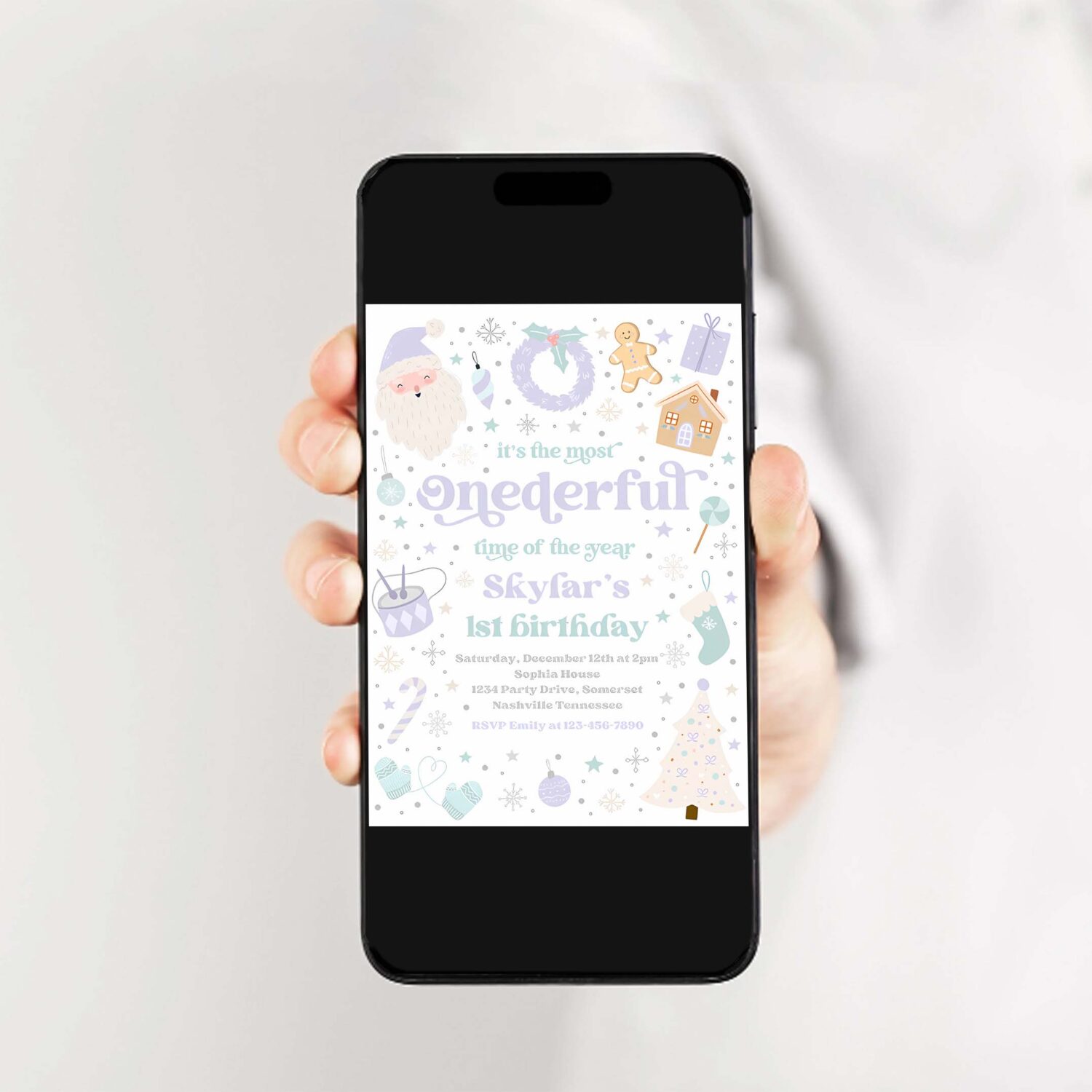 Editable its the most onederful time of the year birthday invitation christmas purple and blue girl 1st birthday party instant download 55y 2