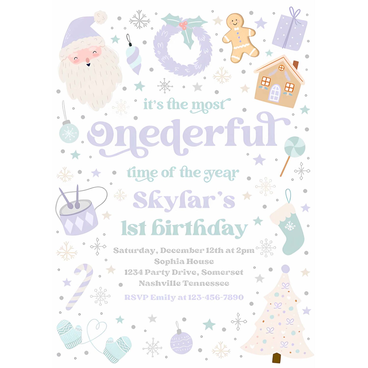 Editable its the most onederful time of the year birthday invitation christmas purple and blue girl 1st birthday party instant download 55y 4