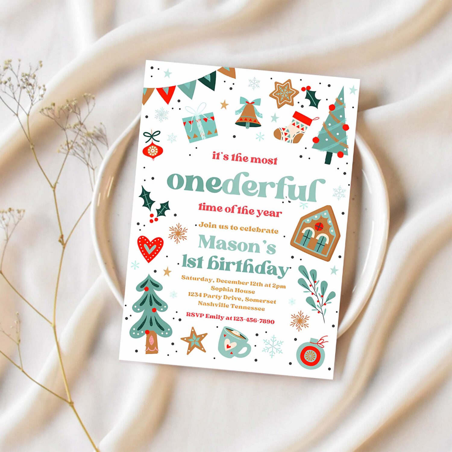 Editable its the most onederful time of the year birthday invitation christmas red and blue boy 1st birthday party instant download hhl 1