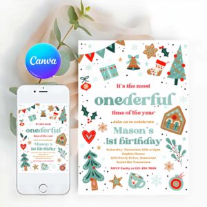 ONEderful Invitation, It's The Most ONEderful Time Of The Year Birthday Invitation Christmas Red And Blue Boy 1st Birthday Party