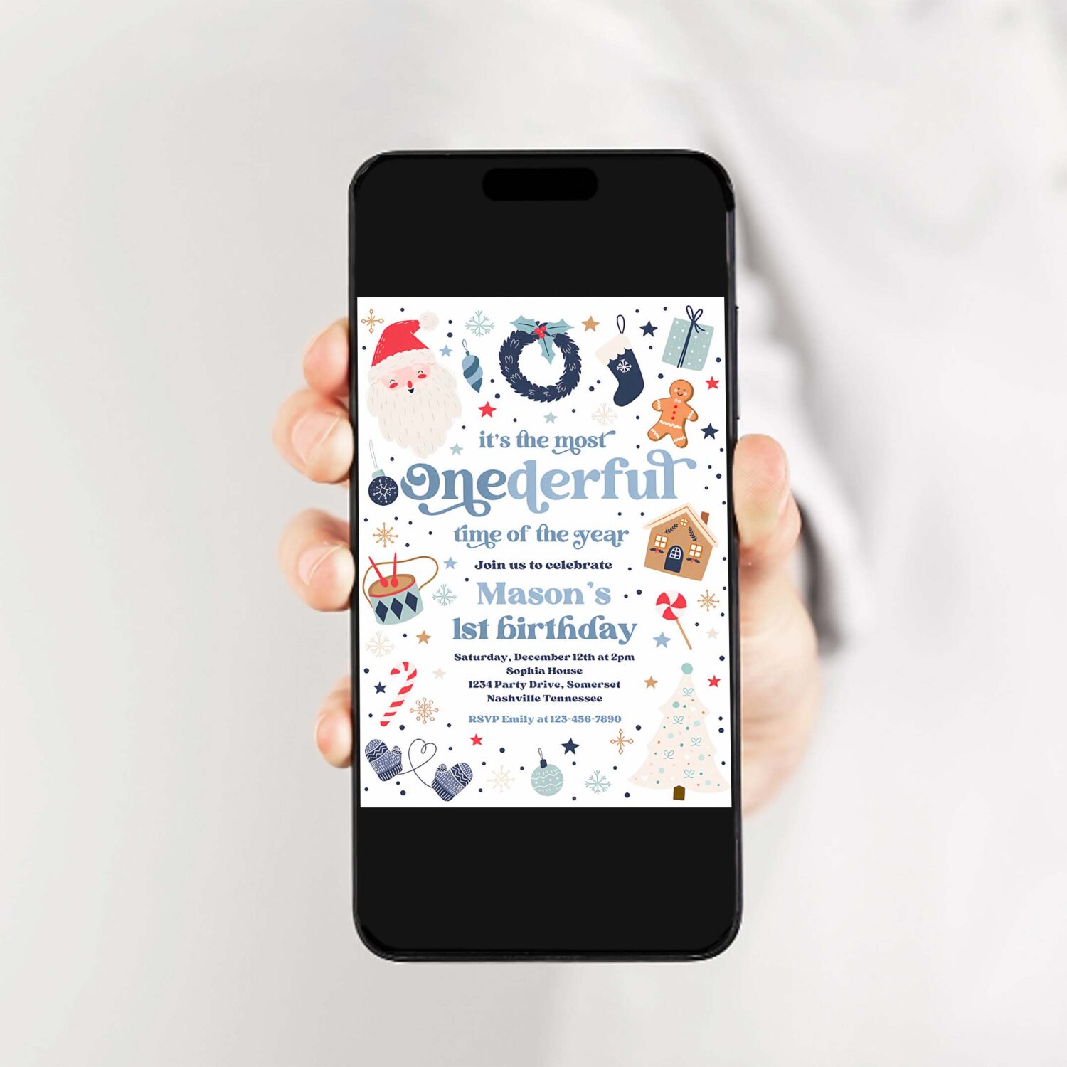 Editable its the most onederful time of the year birthday invitation christmas red and blue boy 1st birthday party instant download hhu 2